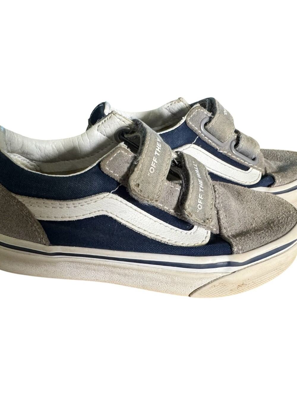 Vans Old Skool V Kids 12 Metallic Silver Navy Hook Loop Skate Sneakers